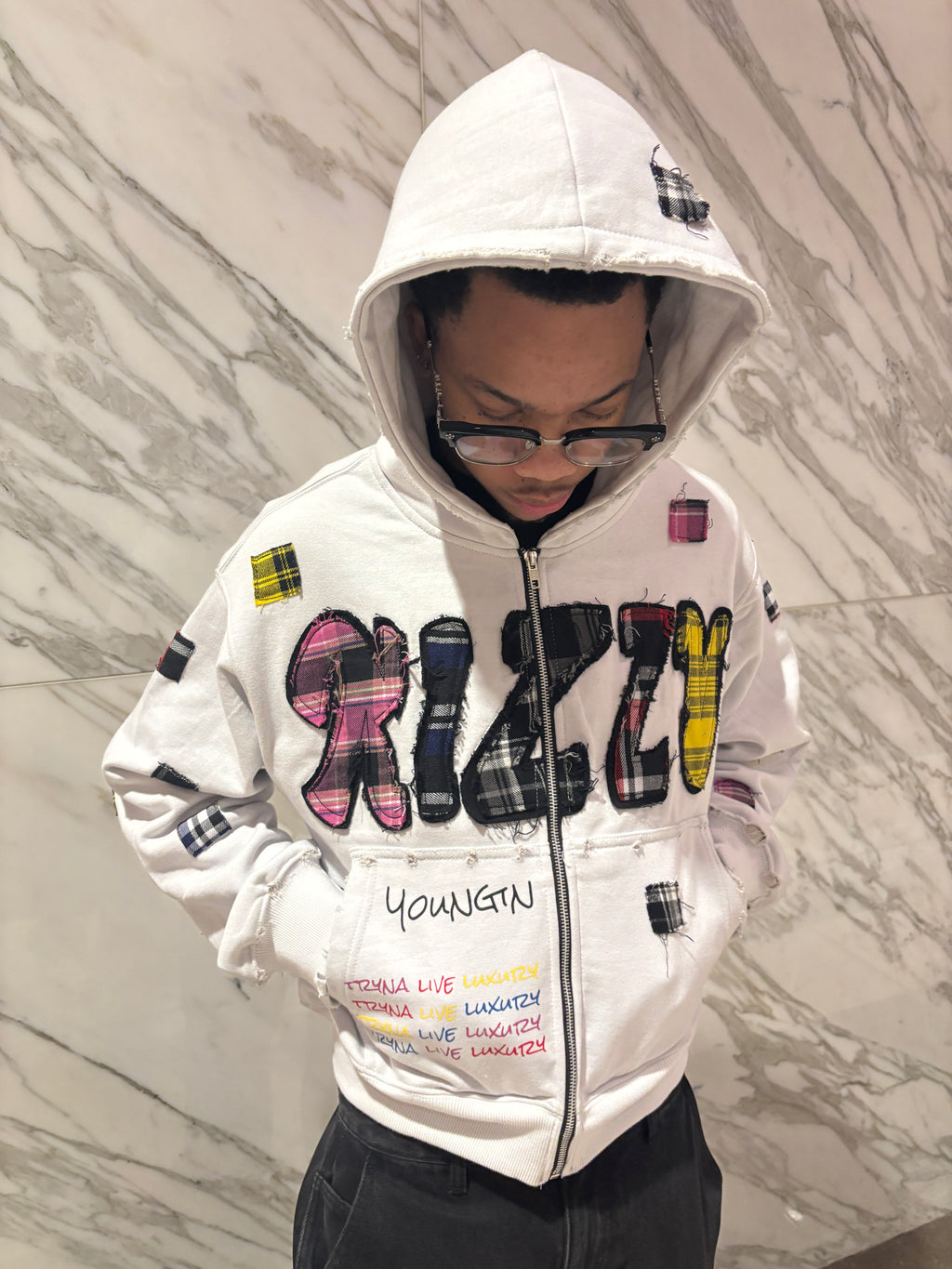 WHITE "LUXURY PATCH" ZIP UP