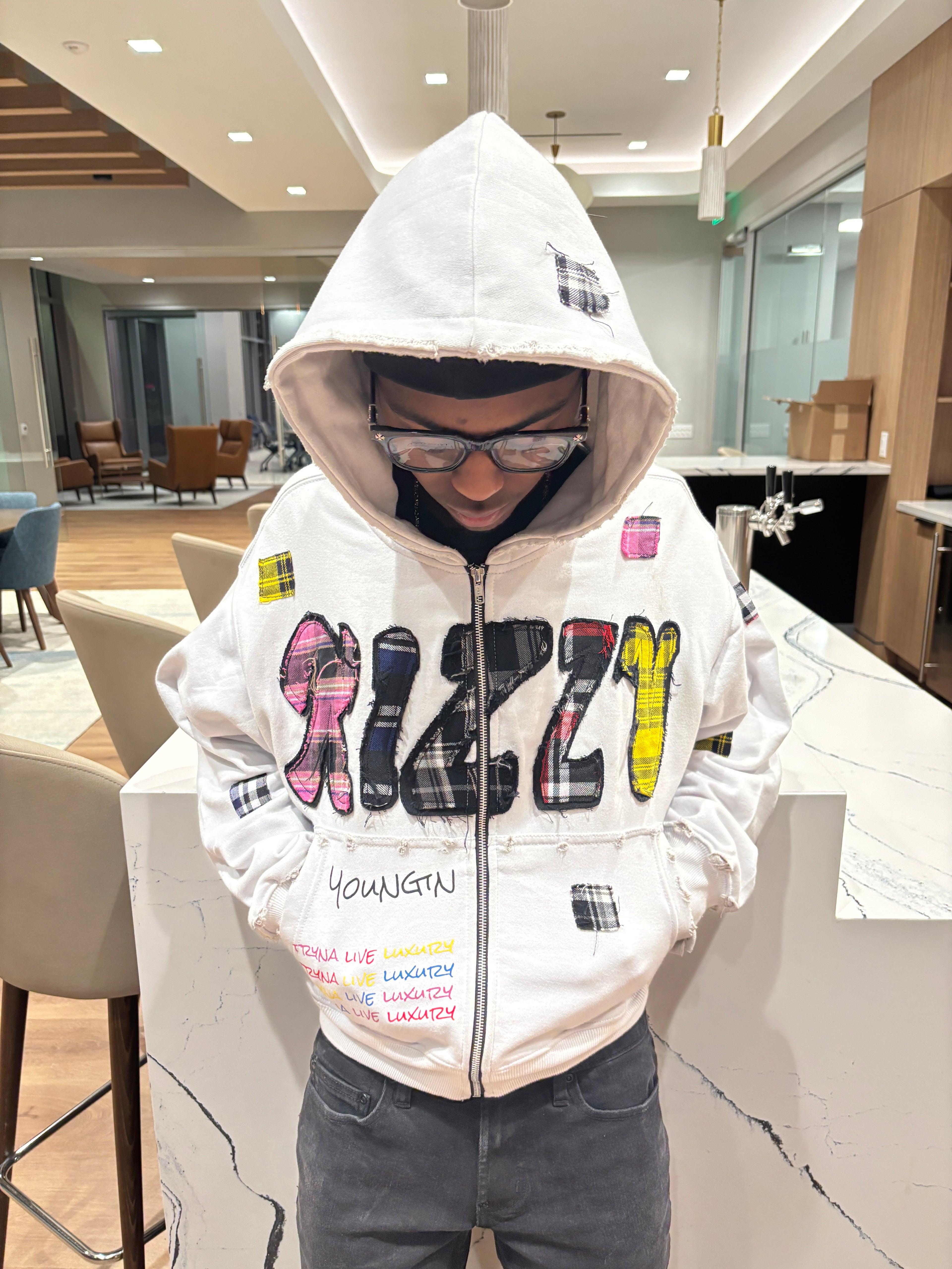 WHITE "LUXURY PATCH" ZIP UP